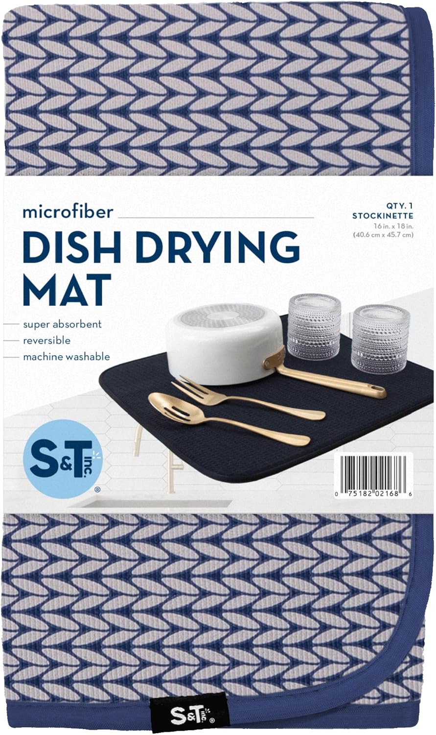 S&T INC. Dish Drying Mat - Absorbent Microfiber Kitchen Counter Pad | 16” x 18” | Large Blue