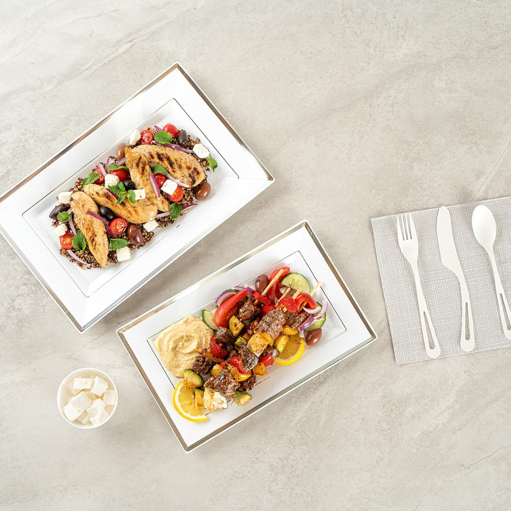 Restaurantware Moderna 11.5 x 7.3 Inch Premium Disposable Plates 100 Rectangular Plastic Plates For Parties - Silver-Rimmed Durable White Plastic Dinner Plates For Warm And Cold Foods