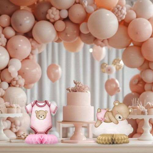 Pink Bear Party Centerpiece Set - Girl Teddy Bear Honeycomb Birthday Decorations and Bear Table Toppers for Kids' Bear-Themed Birthday and Baby Shower Table Decor