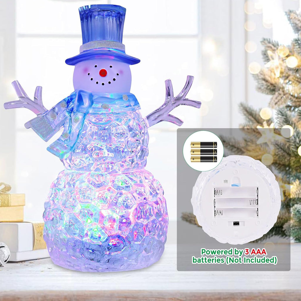 Snowman Christmas Decoration - LED Lighted Figurine with 6-Hour Timer | Battery Operated Acrylic Snowman (Blue Hat)