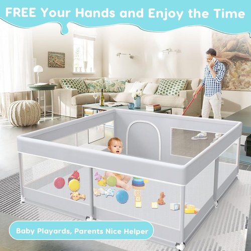 Fshibila Baby Playpen - 50x50 Inch Sturdy Safety Playard for Indoor & Outdoor Use | Soft Mesh, Grey