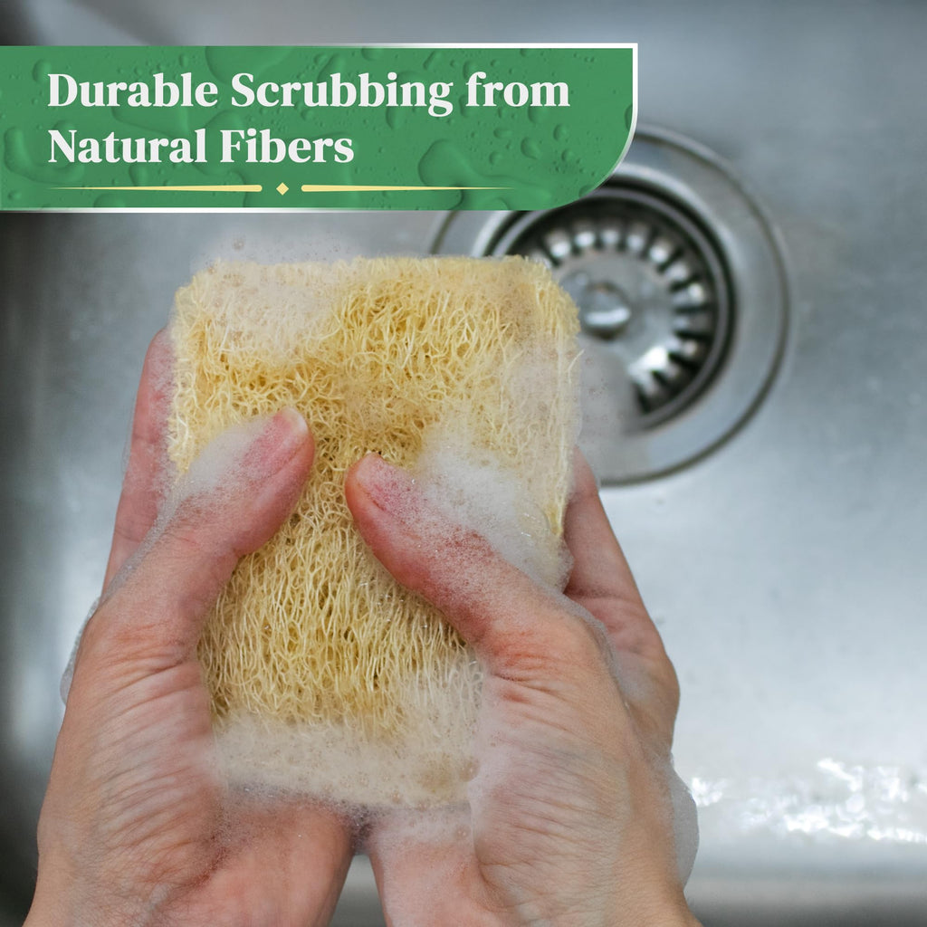 Natural Loofah Kitchen Sponge (3 Pack) - Natural Sponges for Dishes - Eco Friendly and Compostable Sponges - Biodegradable Plant Based Kitchen Dish Sponge - Plastic Free Dish Scrubber