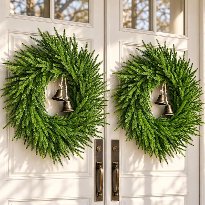 Decorated 2PACK 24-Inch Norfolk Pine Wreaths with Bells for Front Doors