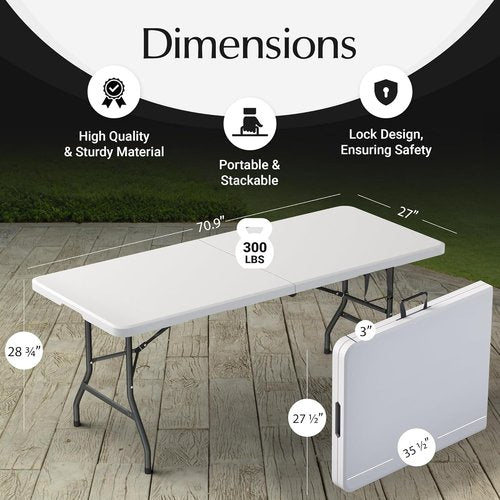 6FT Heavy Duty Folding Table by [Brand Name] - Portable & Foldable with Built-In Handle for Events, Picnics, and Camping