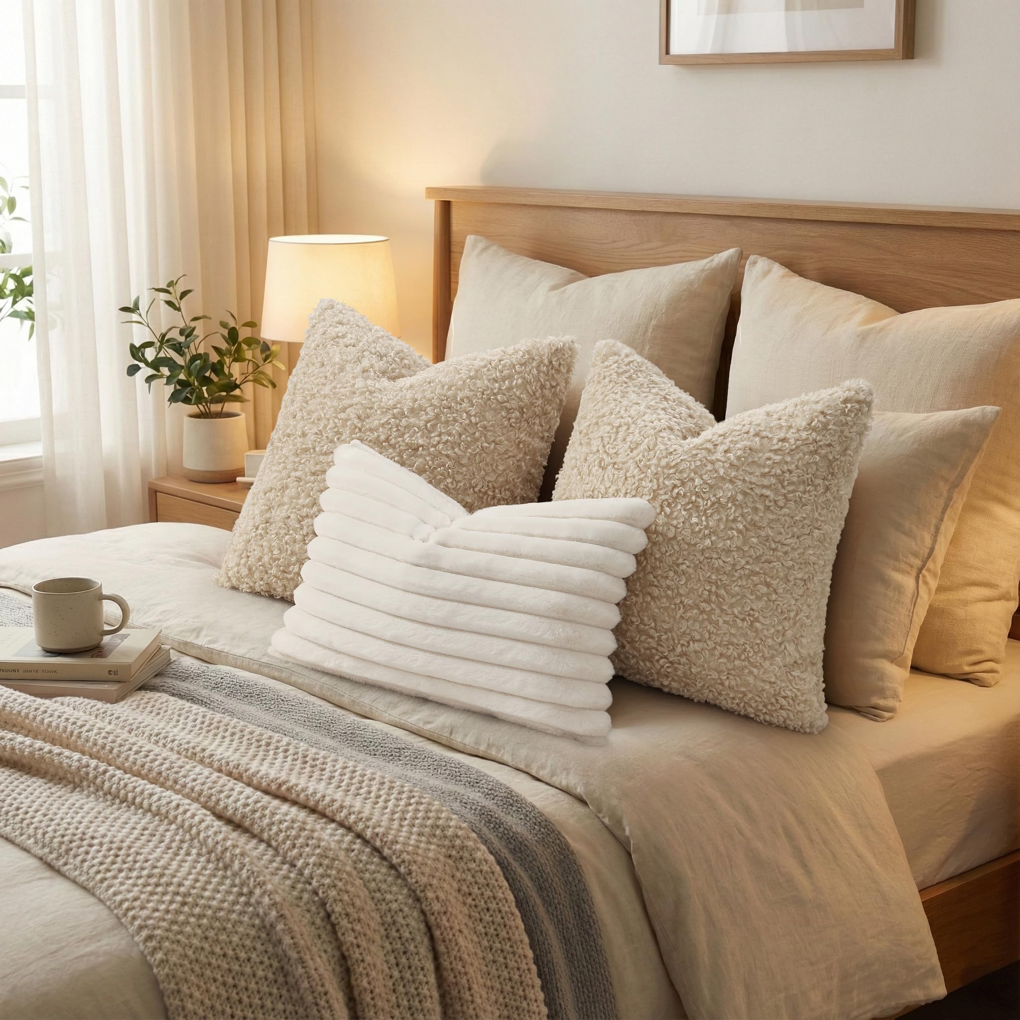 decorUhome Pack of 2 Throw Pillow Covers 18x18 Inch, Faux Fur Decorative Sherpa Pillow Covers Fuzzy Accent Soft Sheepskin Fleece Pillow Cases for Couch Living Room Bed, Neutral Oatmeal