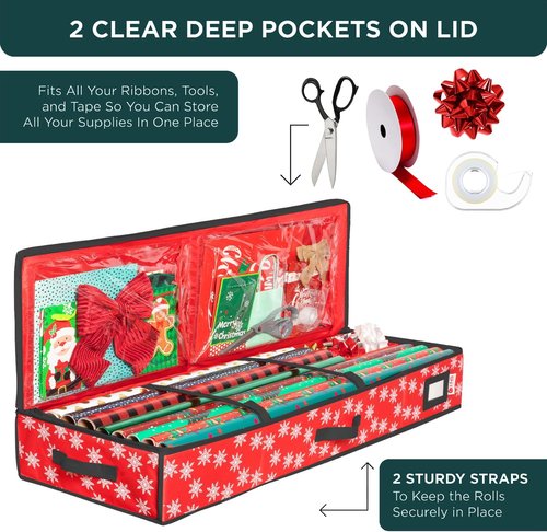 HOLDN' STORAGE Wrapping Paper Storage Container - Durable 600D Tear-Proof, Fits 27 Rolls, Extra Pockets for Ribbons & Bows - Red/White Snowflakes