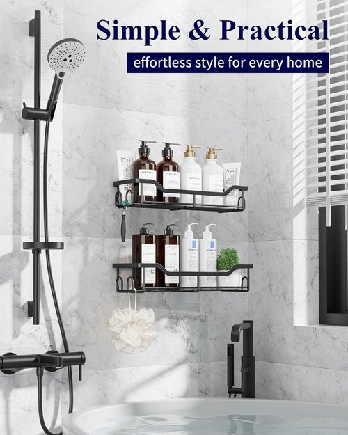 Kitsure Shower Caddy | Large Adhesive Organizer - Stainless Steel Shelf for No-Drill Bathroom Storage, 2 Pack, Black