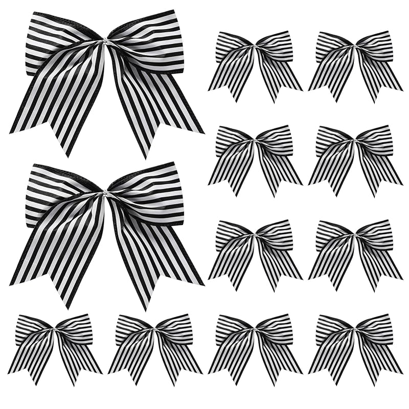 Black & White Christmas Tree Bow Decor 12 Pcs - Large Striped Ribbon Ornaments