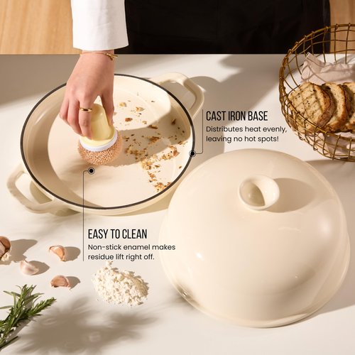 Kook Bread Oven, with Lid and Handles, Enameled Cast Iron Pan and Ceramic Lid, For Baking, Cooking, Roasting and more (Ivory)