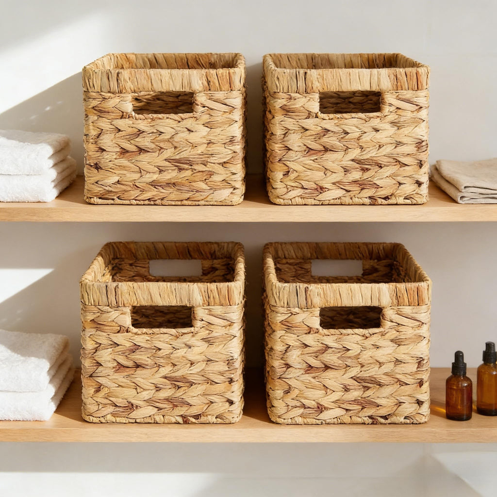 Water Hyacinth Storage Baskets for Shelves, Set of 4 Wicker Pantry Shelf Baskets with Built-In Handles, Woven Organizer Bins for Closet, Bathroom, Kitchen Cabinets, 13 x 8.25 x 7 In