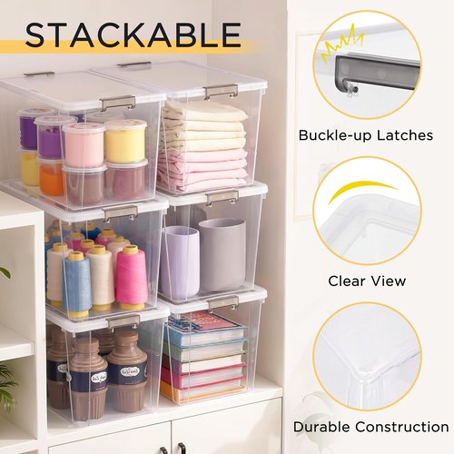 Citylife 7.8 QT Small Storage Bins - Stackable Plastic Containers with Lids | Clear White, 6-Pack