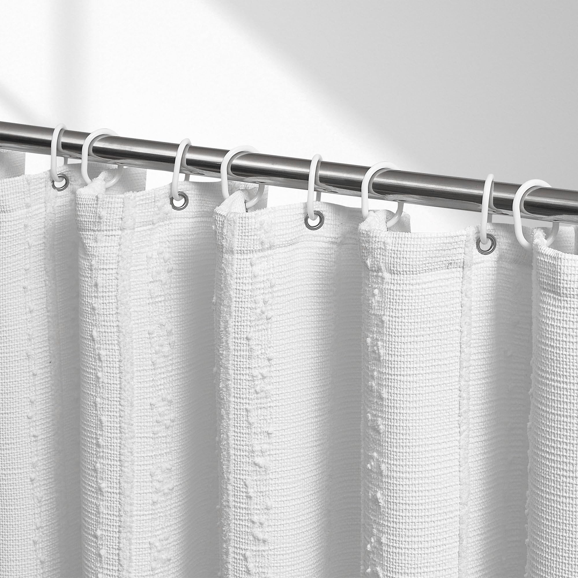 Lameirose White Shower Curtain Boho, Textured Shower Curtain Cotton Blend Waffle Weave Stripe Fabric Shower Curtains for Bathroom, Hotel, Washable, 72 x 72