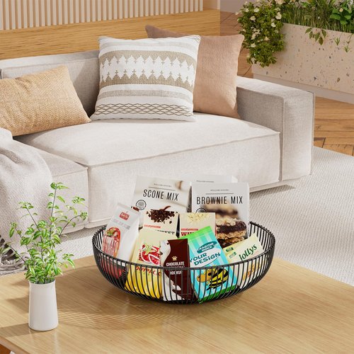Simple Trending Round Metal Fruit Basket Bowl for Kitchen Counter - Rust-Proof, Non-Slip & Breathable Wire Organizer for Fruits, Veggies, Snacks, Black (11“ Diameter x 3.2” H)