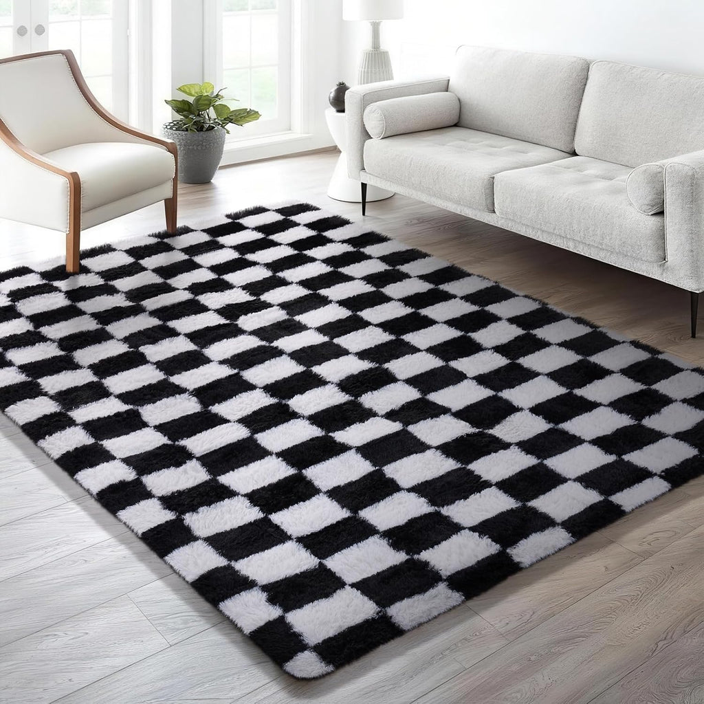 Ophanie Checkered Black & White Area Rug - Soft Fluffy Shaggy Carpet for Living Room & Bedroom | 6x9 ft