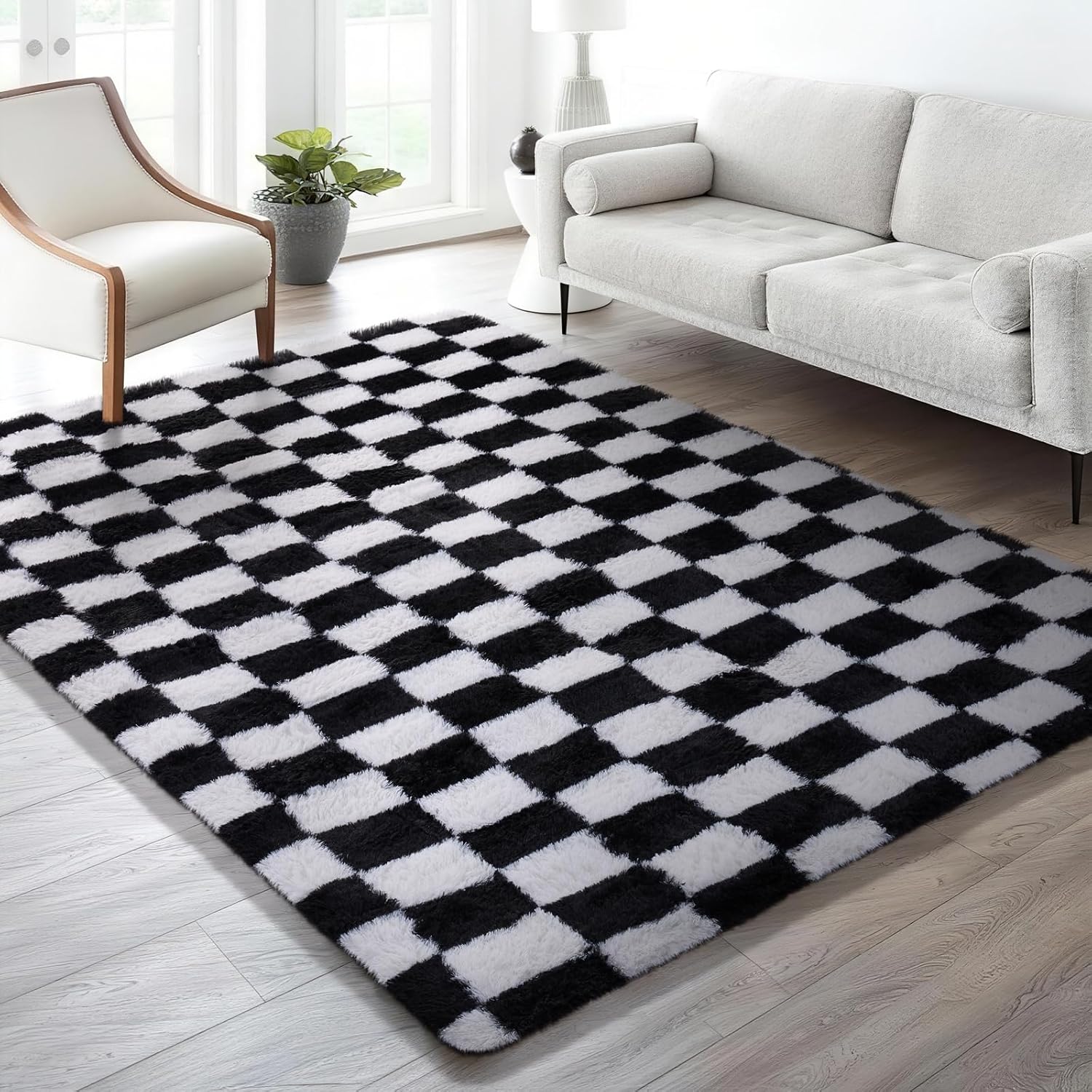 Ophanie Checkered Black & White Area Rug - Soft Fluffy Shaggy Carpet for Living Room & Bedroom | 6x9 ft