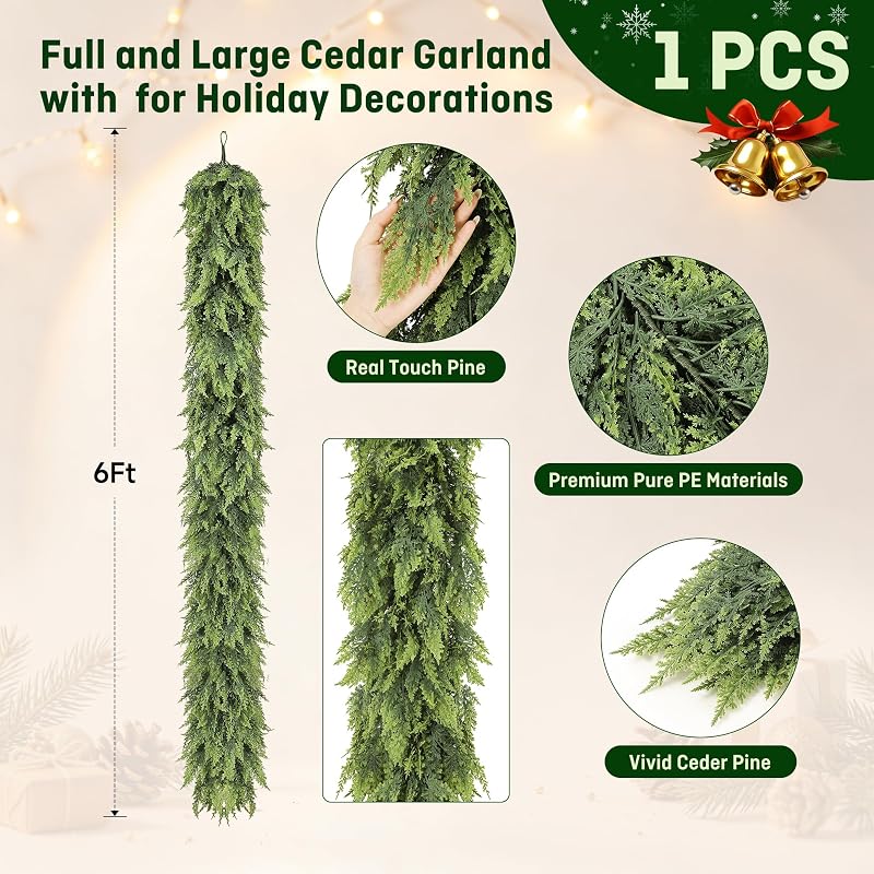 Christmas Cedar Garland 6ft Real Touch Upgrade Large Branches - Lush Faux Pine for Mantle & Holiday Decor (Variation: Christmas Green+1+6ft)