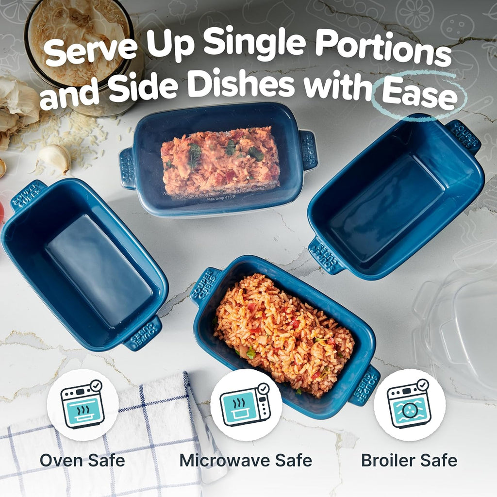 Souper Cubes Stoneware Baking Dish - Small 5" x 3" Ceramic Set of 4 with Silicone Covers | Blueberry Color