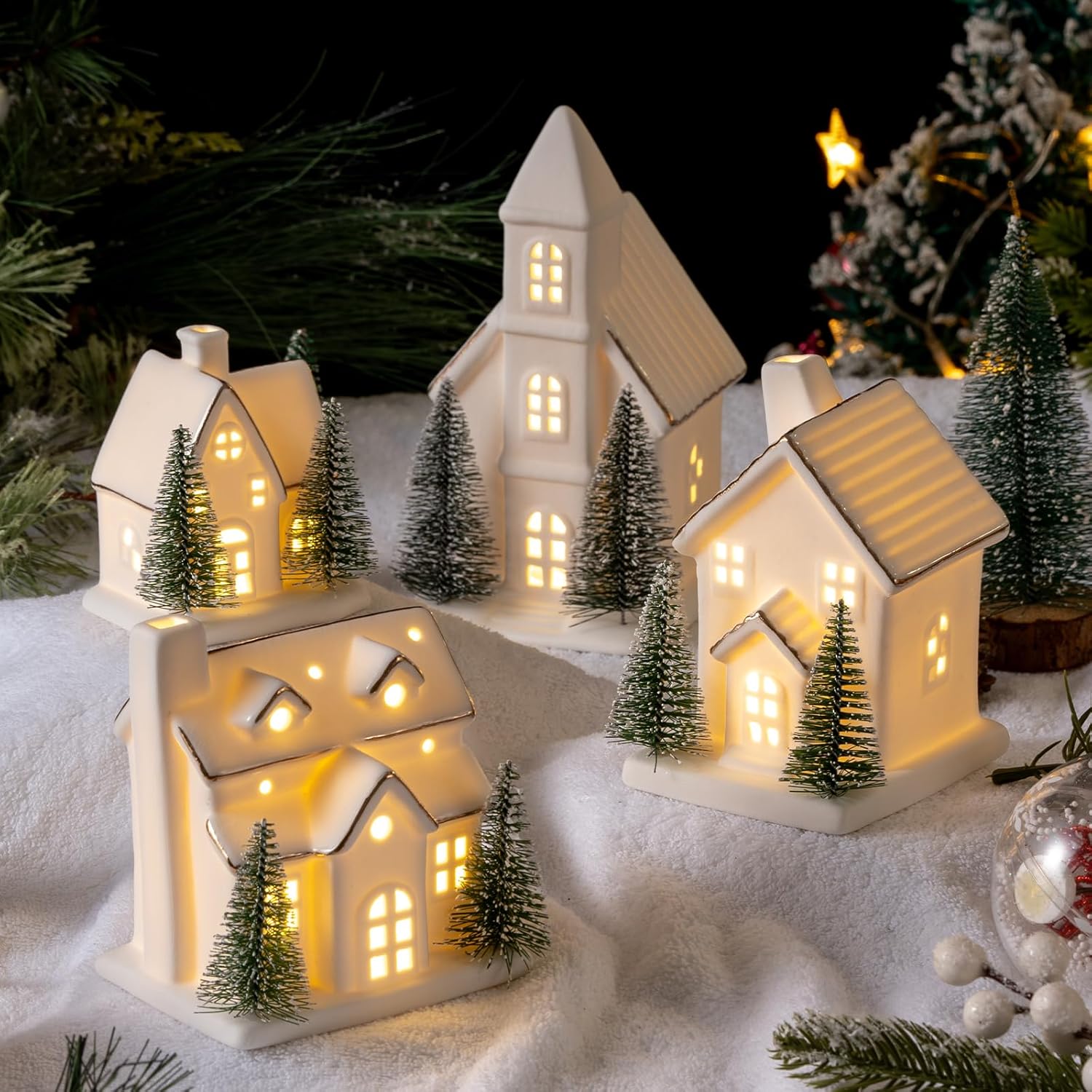 Skiennix Ceramic Christmas Village Set - 4 Pcs LED Porcelain Houses with Xmas Trees | White Snow Scene Decor