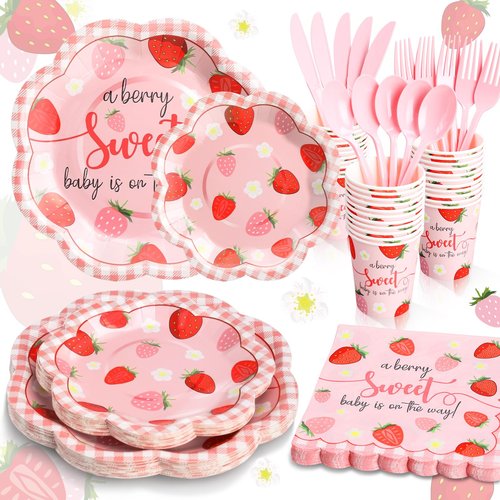 Gudvilla Strawberry Baby Shower Decorations for Girl, Berry Sweet Baby Shower Plates and Cups and Napkins Sets Serves 24, Strawberry Plates, A Berry Sweet Baby Is On The Way Decorations, Girl