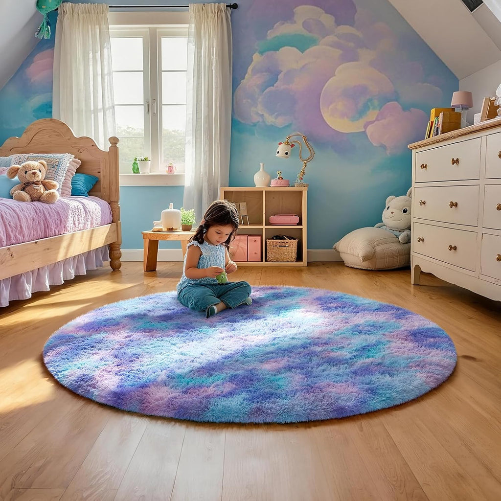 Ophanie Round Rug - 4Ft Tie-Dye Rainbow Purple Circle Area Rug | Plush Soft Shaggy Carpet for Kids' Rooms