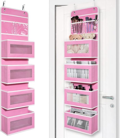 Giraffe Creation Over Door Organizer - 4 Large Capacity Pockets for Closet & Bathroom Storage | Pink
