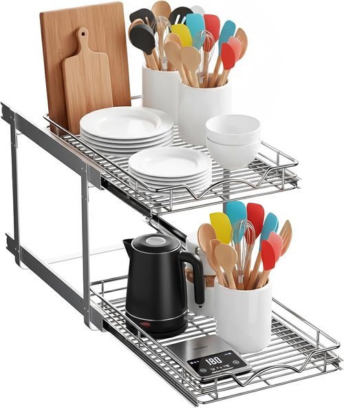 Heavy-Duty Steel 2-Tier Pull-Out Cabinet Organizer by [Brand Name] - Full-Extension Shelves, Easy Install, 14" W x 21" D x 16.5" H