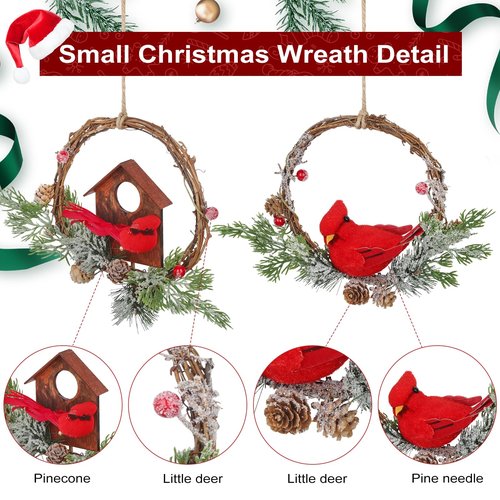 2pcs Small Christmas Wreath with Cardinal, 9-inch Mini Wreaths for Cabinets, Cabinet Wreaths for Kitchen Christmas, Wreaths for Windows (Cardinal)