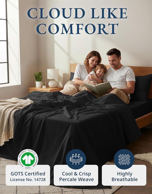 LANE LINEN 100% Organic Cotton King Size Bed Sheets - Soft, Comfy Percale Bedding Set in Black