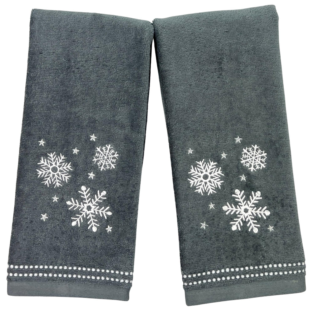 Serafina Home Christmas Hand Bathroom Towels, Set of 2, Embroidered Snowflakes and Stars, Dark Grey Velour Terry Cotton 16" x 25", Winter Holiday Decor for Kitchen or Bath