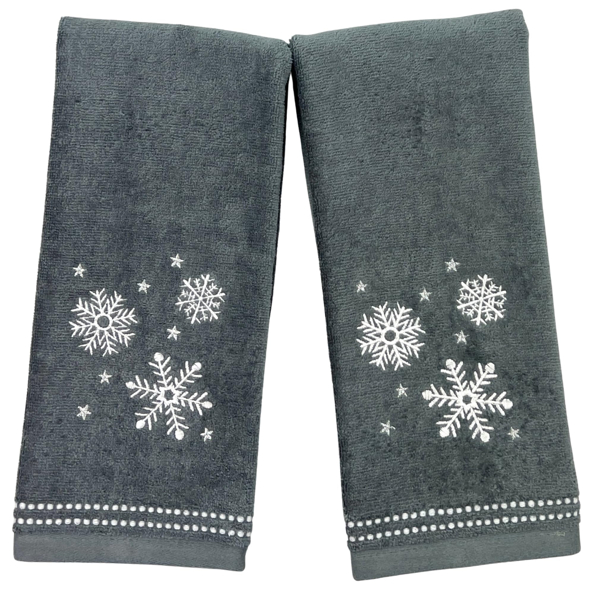 Serafina Home Christmas Hand Bathroom Towels, Set of 2, Embroidered Snowflakes and Stars, Dark Grey Velour Terry Cotton 16" x 25", Winter Holiday Decor for Kitchen or Bath