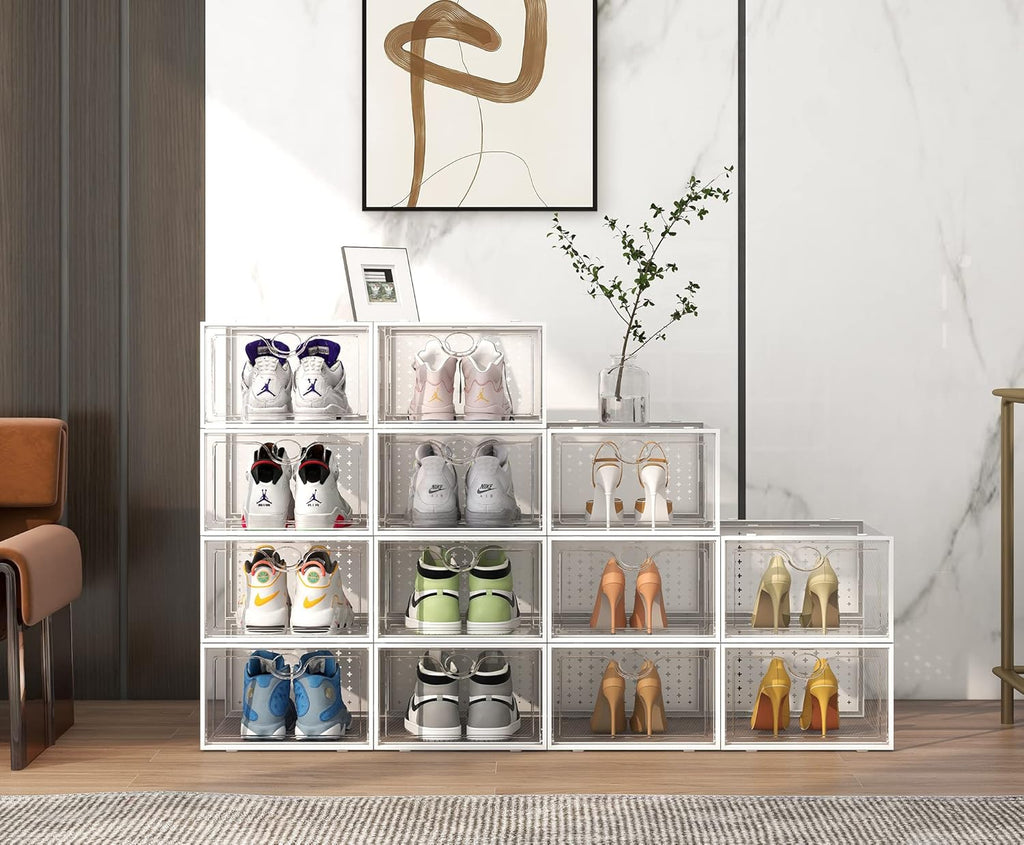 Pinkpum XXL Shoe Storage Boxes - Clear Plastic Stackable Organizer for Size 14 Sneakers | 12 Pack