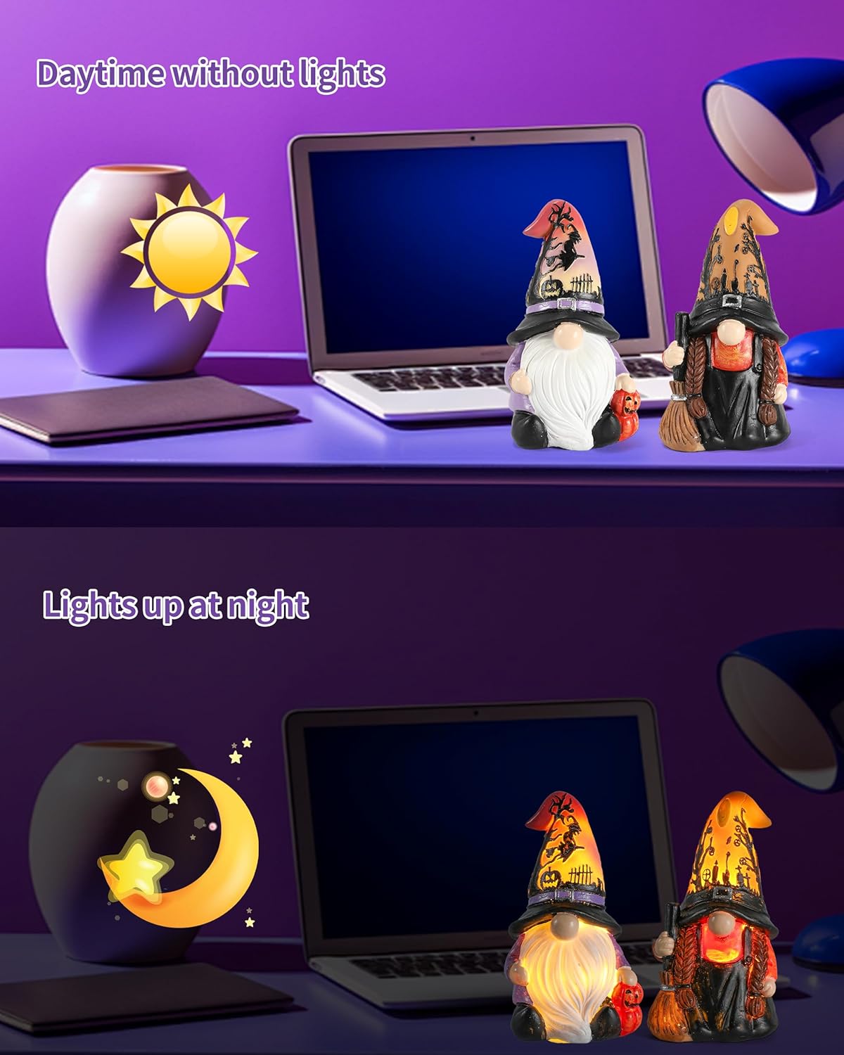 Regine Halloween Gnomes & Witch Figurines - 2-Pack Illuminated Fall Gnome Ornaments - 4.5'' Resin Indoor Decor