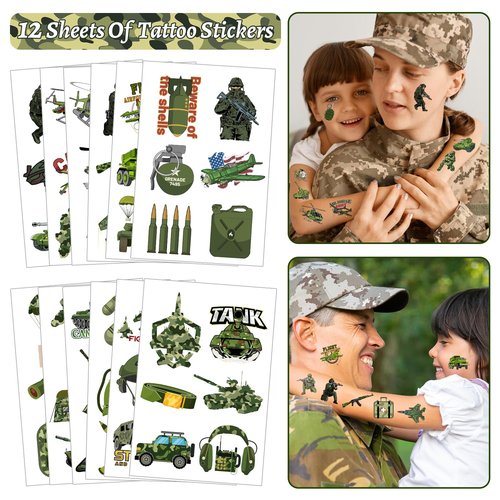 122 PCS Army Party Favors, Military Camo Temporary Tattoos Slap Bracelets Keychains Stickers Badges Goodie Bags Soldiers Figures for Army Birthday Party Decorations Gifts for Kids Classroom Rewards