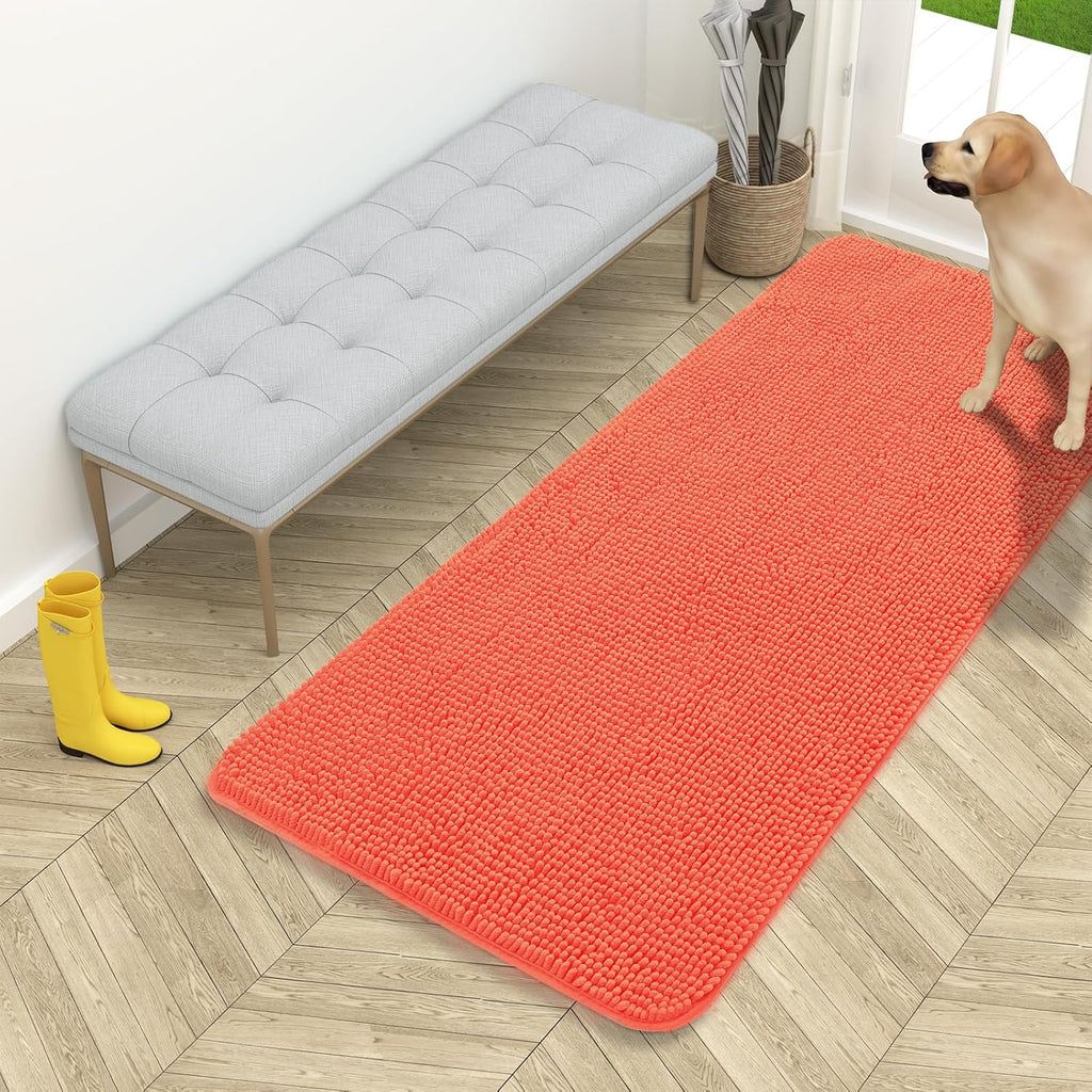 OLANLY Dog Door Mat - Absorbent Non-Slip Washable Chenille Mat for Muddy Paws | 54x24 Coral