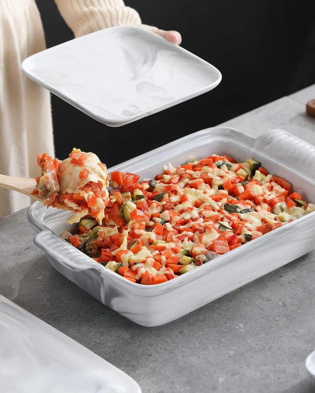 MALACASA Casserole Dish - 3.4 Quart Deep Ceramic Bakeware With Lid | Microwave & Oven Safe, Grey