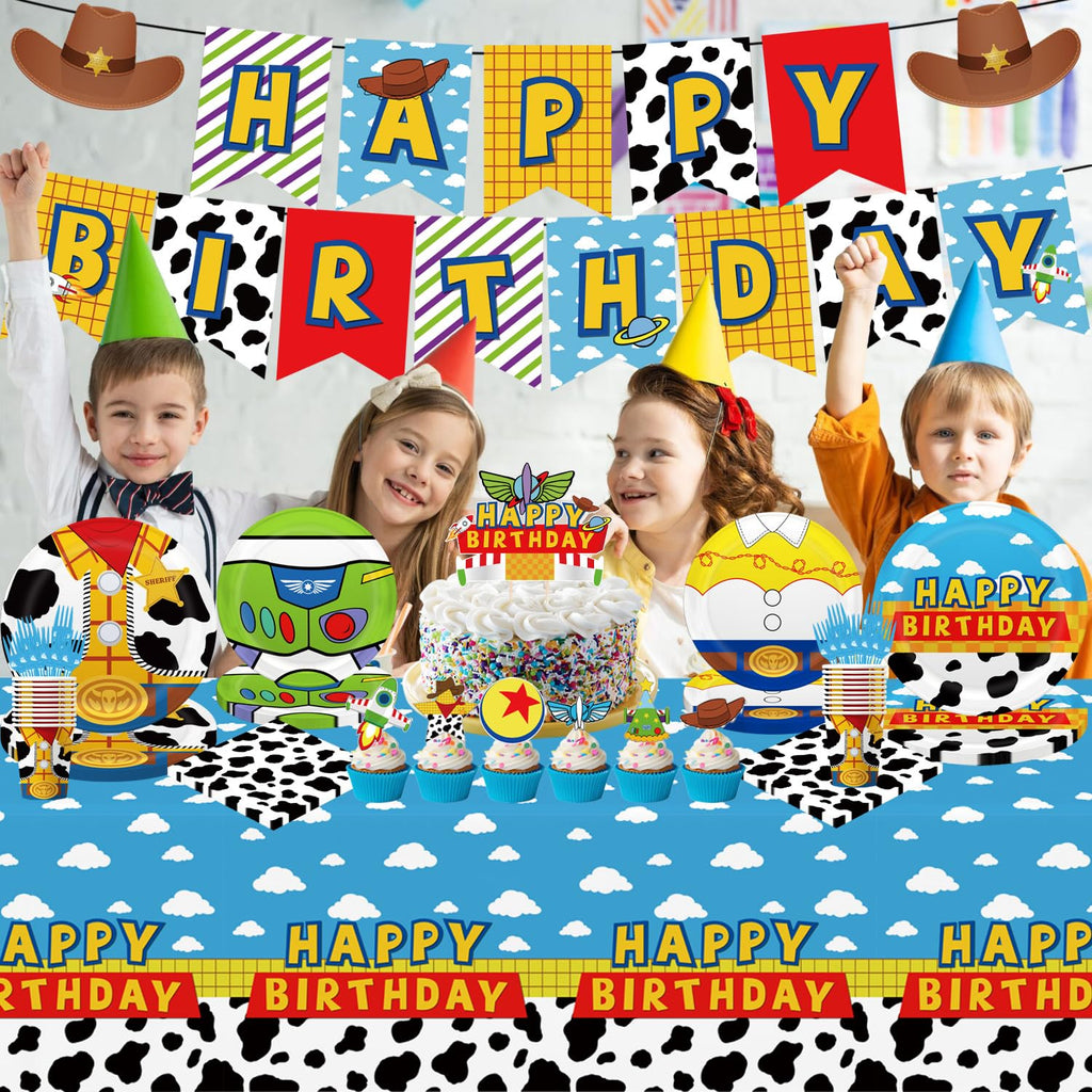 130pcs Story Birthday Party Decorations Tableware Set for 20 Guests Include Banner, Cupcake Topper, Cake Topper,Paper Plates,Napkins and Cups,Plastic Tablecloth and Forks,Latex Balloons