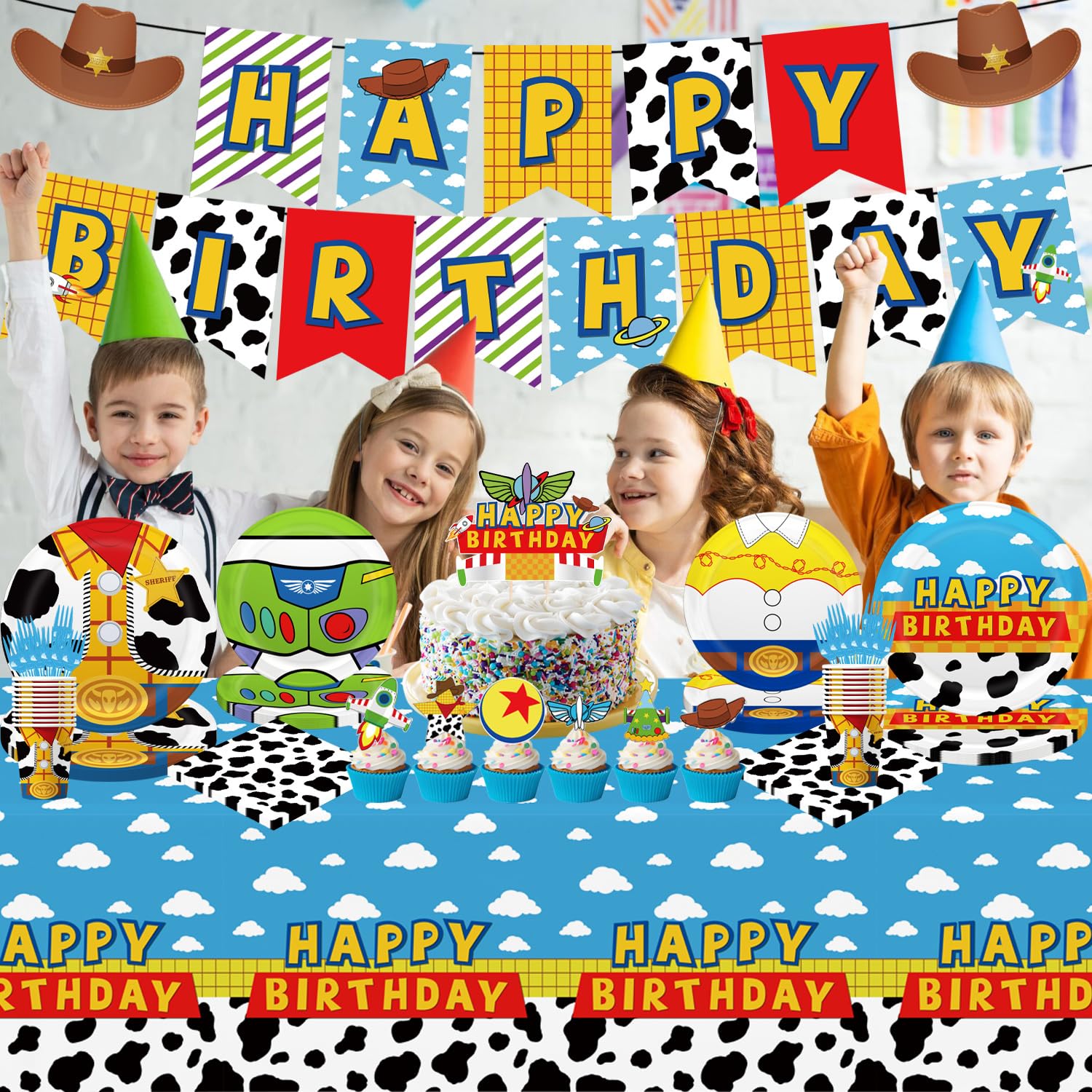 130pcs Story Birthday Party Decorations Tableware Set for 20 Guests Include Banner, Cupcake Topper, Cake Topper,Paper Plates,Napkins and Cups,Plastic Tablecloth and Forks,Latex Balloons