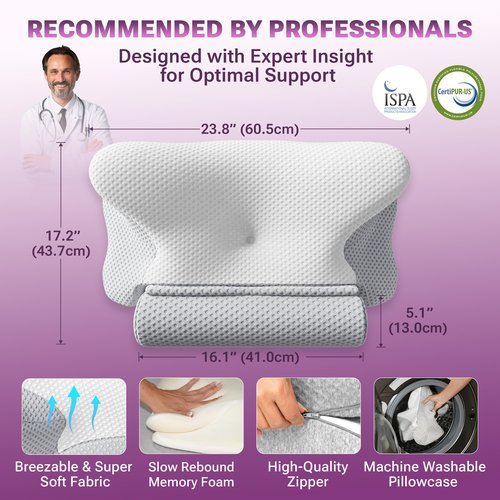 3-in-1 Orthopedic Pillow, Cervical Neck Pillow for Sleeping, Adjustable Height Memory Foam Neck Pillow and Detachable Roll, Contour Pillow for Neck Pain Relief for All Sleeping Positions (White)