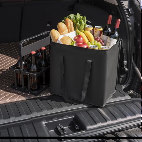 Reusable 6 Cup Drink Carrier with Handle and Insulated Food Delivery Bag, Portable Plastic Cup Caddy, 26L Grocery Cooler Box for Car Delivery, Travel, Picnic(Black)