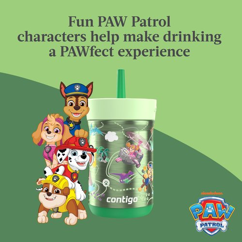 Contigo Kids Leighton Spill-Proof Stainless Steel Paw Patrol Tumbler with Straw, 12oz, Dino Treks, Green