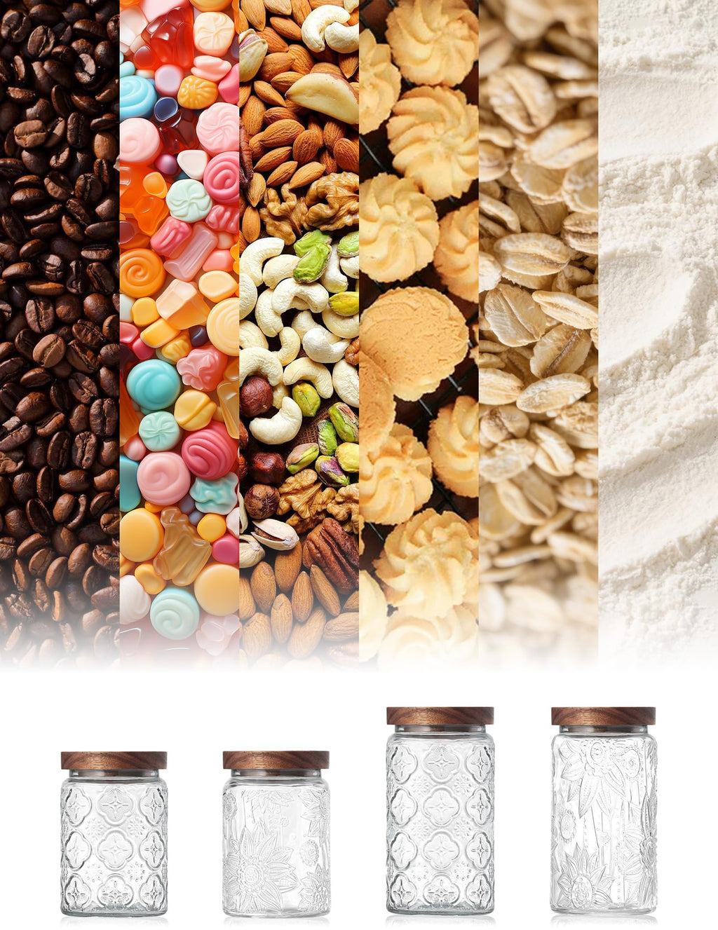 PENGSHU Vintage Glass Jar with Wood Lid - Christmas Airtight Canisters for Kitchen Countertop Bathroom, Storage Candy, Cookie, Coffee, Apothecary, Sugar, Flour,Pet Treat (Begonia, 24oz/700ml)