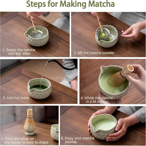Buucup Matcha Whisk Set - Complete 7-Piece Ceramic Kit with Bowl, Whisk, Bamboo Scoop & More | Mottled Green