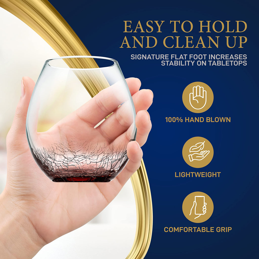 NutriChef 19 Ounce Stemless Wine Glasses For Red or White Wine (Set of 4) For Party And Gifting Clear, Lead-Free, and Ice Crack Design