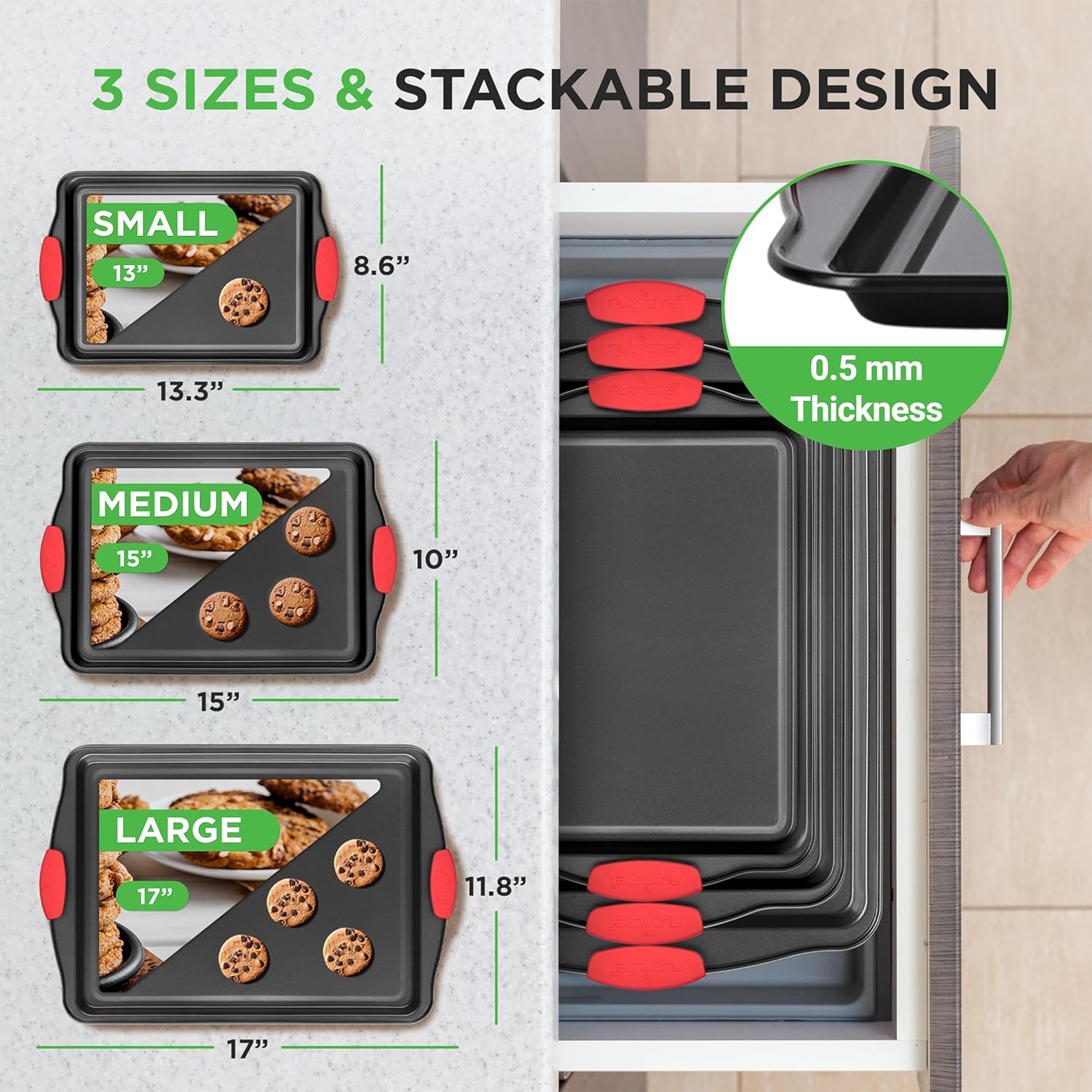 NutriChef Nonstick Kitchen Oven Baking Pans - Premium Commercial Grade Bakeware with Red Silicone Handles | 3-Piece Set