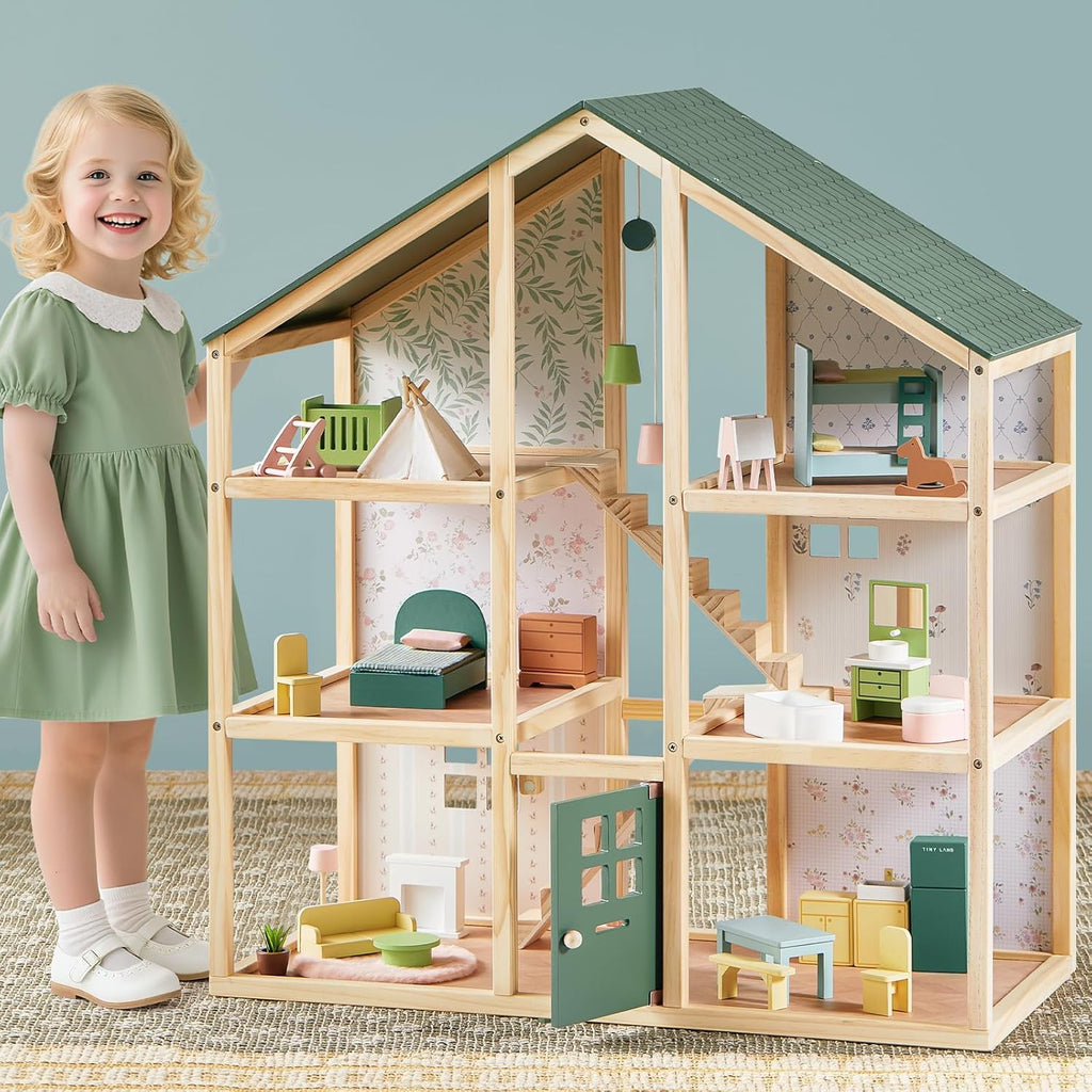 Tiny Land Wooden Dollhouse - 6 Rooms DIY Doll House with 31 Furniture Accessories | Creative Gift for Girls Ages 3+ - Green