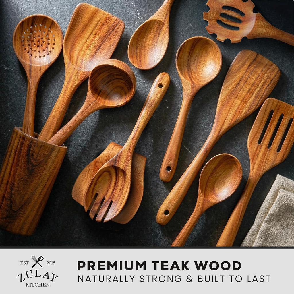 Zulay Kitchen 12-Piece Teak Wooden Utensil Set - Premium Non-Stick Cooking Tools in Gift Box
