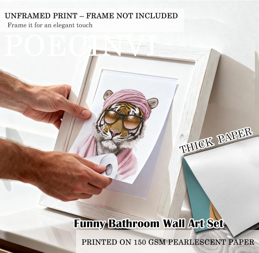 Poecinvi Pink Tiger Bathroom Wall Art Prints - Trendy 8x10 Animal Decor Set of 4 for Washroom