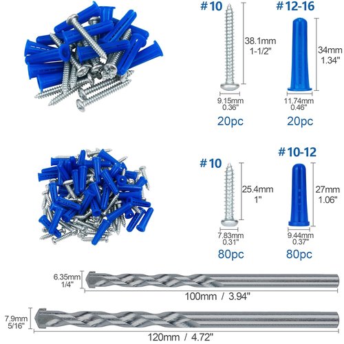 KURUI Wall Anchors & Screws Assortment Kit - 200PCs Concrete & Drywall Anchors with Drill Bit