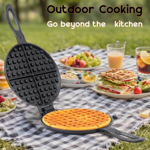 Cast Iron Waffle Maker for Stovetop or Camping Grill Two Piece Hinged Non Electric Waffle Iron Makes 7" Round Waffles
