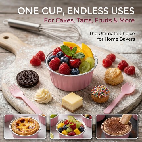 100 PCS Aluminium Foil Baking Cups, Mini Cake Pans with Lids and 100 PCS Spoons, 5 oz Disposable Baking Cups Foil Ramekins For Party Birthday Wedding Valentines (Pink)